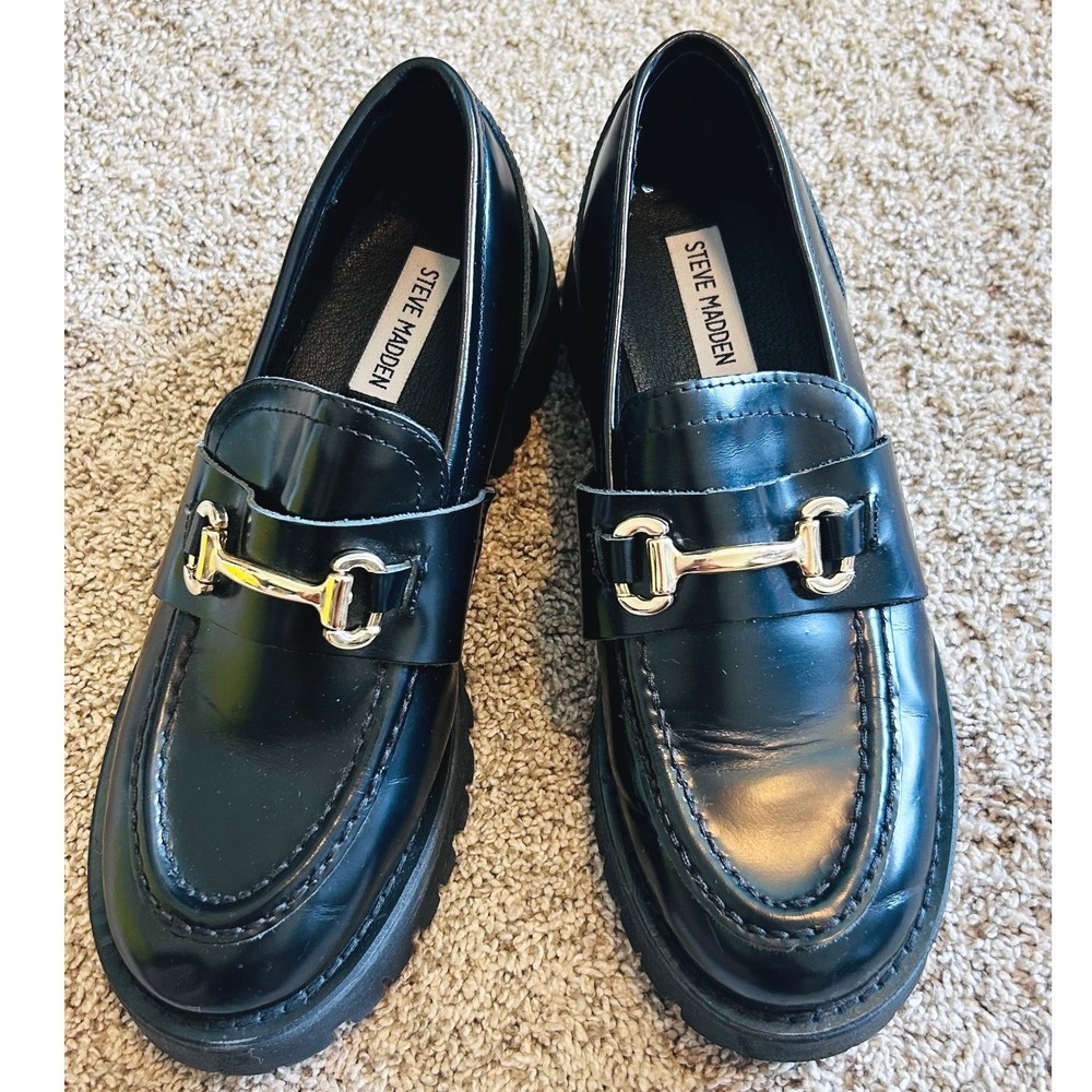 Steve Madden Lando Goth Black Lug Sole Horsebit Loafers SZ 8.5 Chunky Platform